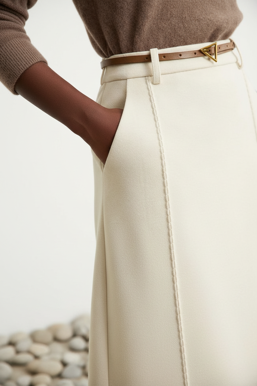 Detalle falda beige con cinturón